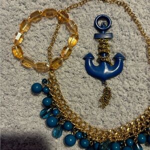 Gold and Blue Statement Necklace and Bracelet Set